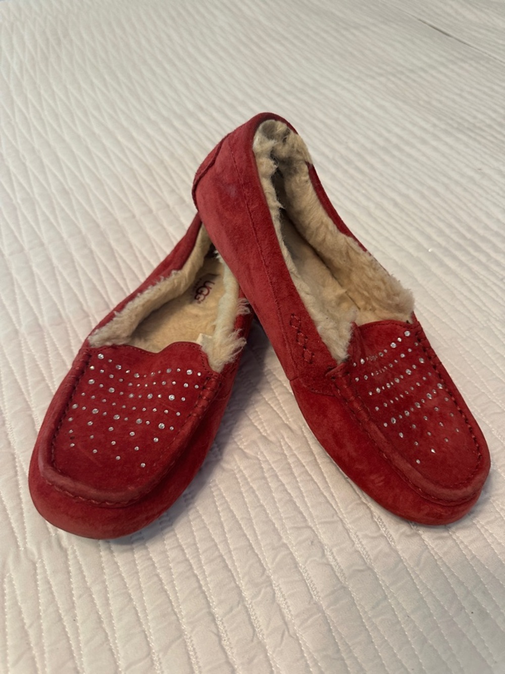 UGG Red Suede Faux-Fur Lined Women's Moccasin Slippers with Stud Accents